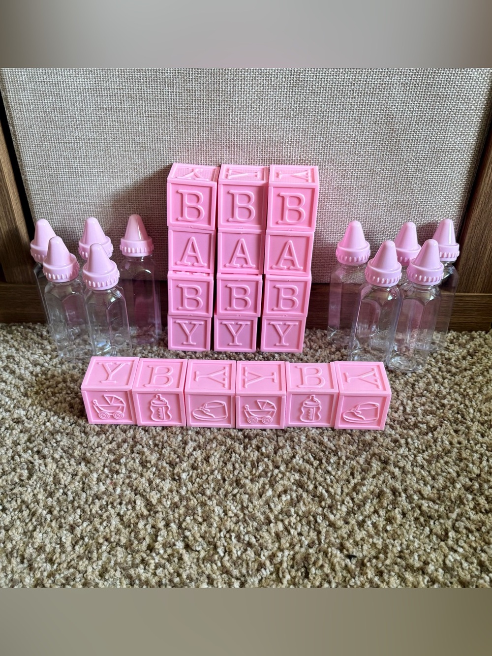 Girl Baby Shower Favor Decorations Pink Baby Letter Blocks and Bottles